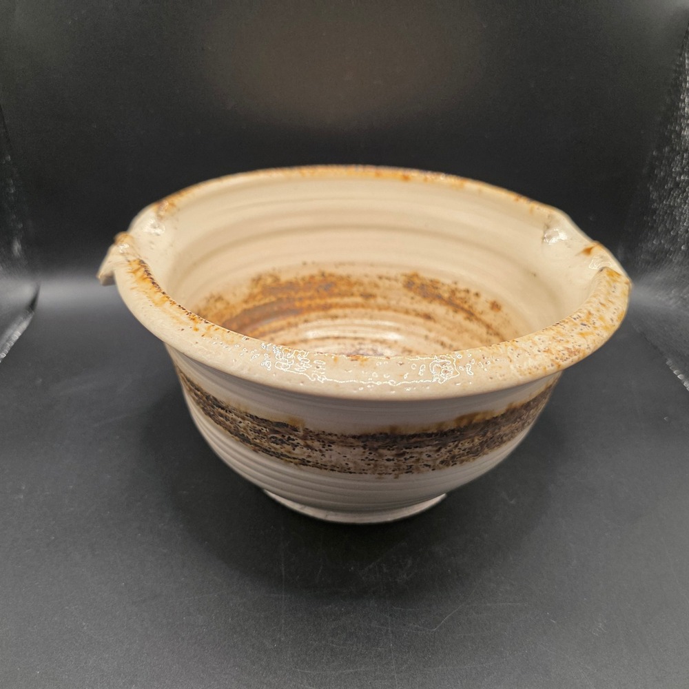 Vintage Studio Pottery Signed Mixing Bowl Spout Cream Brown‎ Ceramic 1974 8.5in